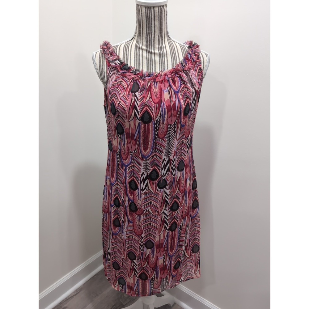 Jonathan Martin Feather Print Ruffled Boat Neck Sleeveless Dress Size 8 Elegant